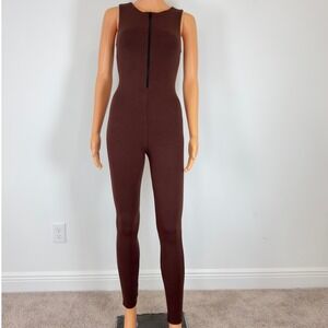 Naked Wardrobe Baby Mama Jumpsuit Brown Sleeveless Zip Front Jumpsuit Small NWT